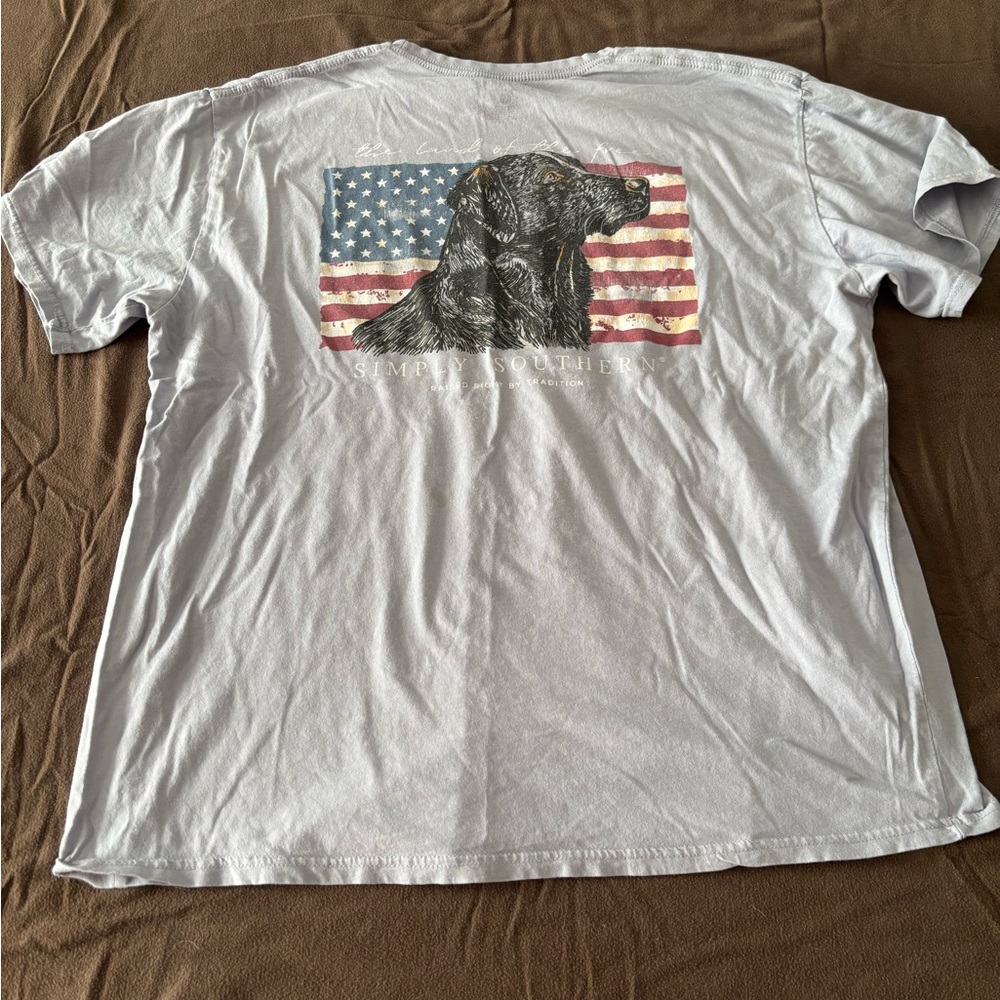 Simply Southern Light Gray T-Shirt with Dog and Flag Design